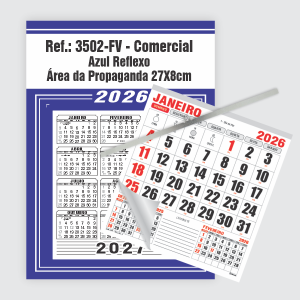 Calendário Comercial de Parede com Vareta Ref.: 3502-FV Base Duplex 250g | Bloco 12 Meses Papel 56g 27x37cm Azul Reflexo   